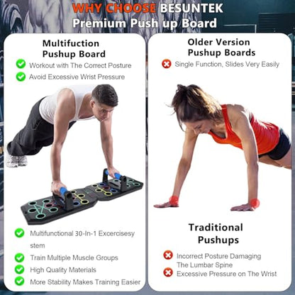 Push Up Board Fitness, BESUNTEK Foldable Multi-Function Exercise Board with Elastic Cord for Total Body Workouts, Portable Push Up Board for Floor