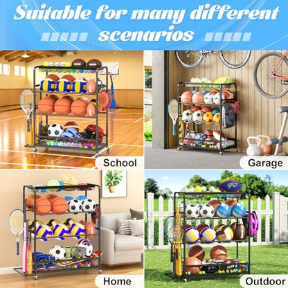 Jsskeeim Garage Sports Equipment Organizer,Sports Ball Organizer with Wheels,Mesh Pocket, Basket,Ball Organizer with Baseball Bat Rack and HooksToy Storage Rolling Cart-Black - style: 02