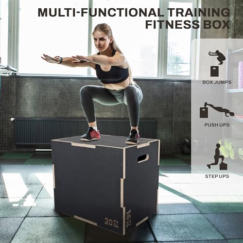Signature Fitness 16" x 14" x 12" Non-Slip Wooden Plyo Box Jump Exercise Platform, Plyometric Workout Equipment for Home Gym, Training Step Box, Gray - size: 16x20x24"