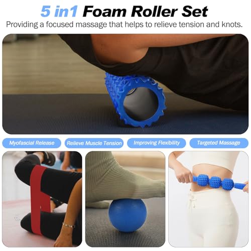 JOYENERGY 5 in 1 Foam Roller Set Trigger Point Foam Roller, Massage Roller Stick, Massage Ball, Stretching Strap for Deep Muscle Massage Pilates Yoga, Fitness Exercise for Whole Body (Blue Diamond) - color: Blue Diamond