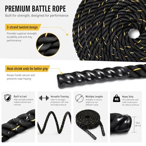 Fitvids Battle Rope 1.5Inch 2 Inch Diameter Poly Dacron 30 FT, 40 FT, 50 FT Length, Heavy Ropes for Home Gym and Workout