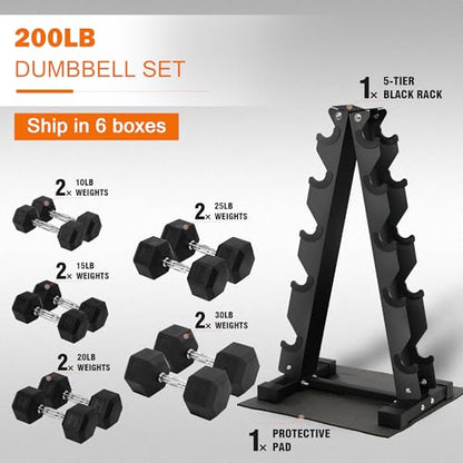 Fitvids Rubber Coated Hex Dumbbell Set with Storage Rack, 100/150/200/550 LB Hand Weight Set with Anti-Slip Grip for Home Gym - size: Dumbbell + A-Rack: 200LBS Set
