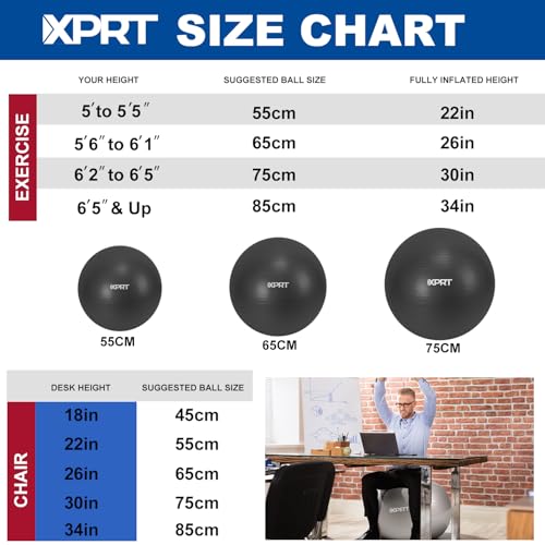 XPRT Fitness Exercise Ball (55/65/75cm) - Yoga Ball for Home Gym Workout, Physical Therapy, Balance, Stability Training - Office Ball Chair with Quick Pump (5 Colors)