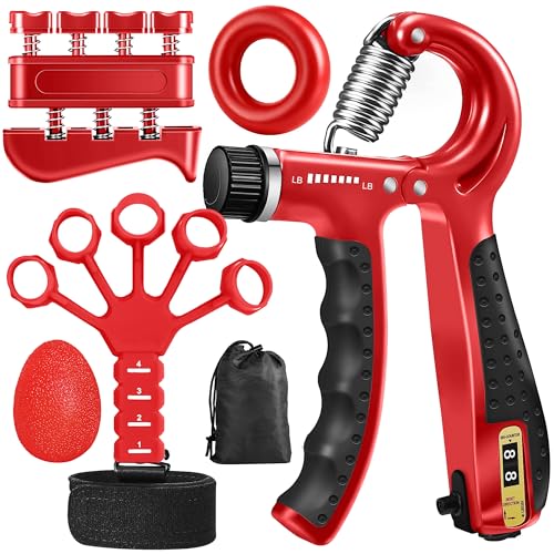 Grip Strength Trainer Kit (5 Pack) Adjustable Resistance Hand Gripper,Finger Exerciser,Hand Extension Exerciser,Stress Relief Ball and Forearm Workout Ring for Muscle Building Injury Recover - color: red