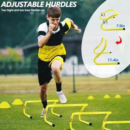 Agility Training Equipment, Football Training Equipment Includes 20FT Agility Ladder,4 Adjustable Agility Hurdles, 12 Football Cones, Parachute, for Training Soccer Basketball Athletes - color: YELLOW