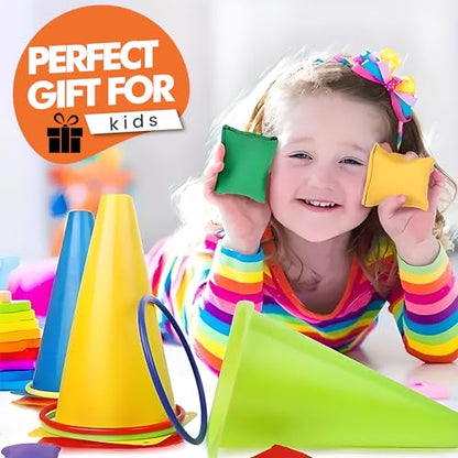31 Pcs. Plastic Cones and Rings Games Ring Toss Games for Adults, Carnival Games for Kids, Bean Bag for Kids Games Birthday Party, Yard Game, Sports & Outdoor Game for Family Party