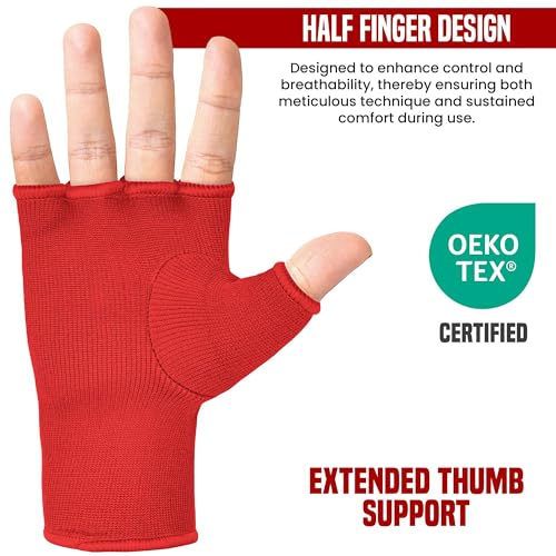 RDX Boxing Hand Wraps Inner Gloves Men Women, Half Finger Elasticated Bandages, Under Mitts Fist Protection, Muay Thai, Kickboxing, MMA, Martial Arts Speed Bag Punching Training - color: Red White, size: Large