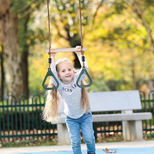 HUAWELL Wooden Trapeze with Plastic Gym Rings - Outdoor N Indoor Playground 2 in 1 Swing Set Accessories for Kids (Blue)
