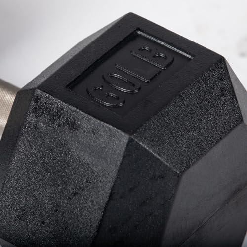 Titan Fitness 60 LB Pair Free Weights, Black Rubber Coated Hex Dumbbell, Straight Stainless Steel Handle, Strength Training, Full Body Workout