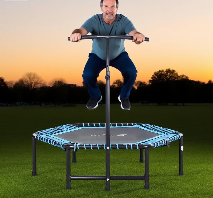 Foldable Mini Trampoline Fitness Rebounder with Adjustable Foam Handle, Exercise Trampoline for Adults Indoor/Garden Workout
