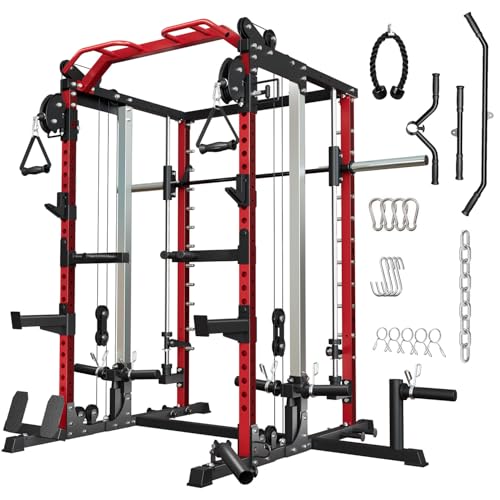 Smith Machine Home Gym, Multi-Function Power Cage with Dual Pulley Cable Crossover System, All-in-One Squat Rack with Smith Bar and Strength Training Attachments for Full-Body Workouts