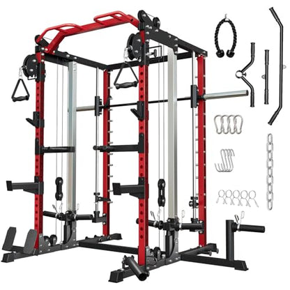 Smith Machine Home Gym, Multi-Function Power Cage with Dual Pulley Cable Crossover System, All-in-One Squat Rack with Smith Bar and Strength Training Attachments for Full-Body Workouts