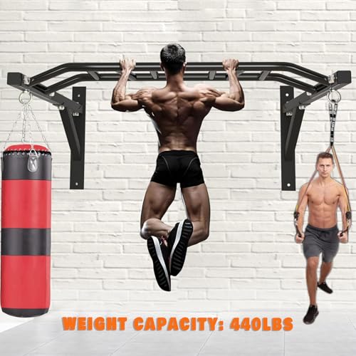 Wall Mounted Heavy-Duty Pull Up Bar Multi-Grip Chin Up bar Multifunctional Dip Station for Indoor Home Gym Workout, Power Tower Set Training Equipment Fitness Dip Stand Up to 440 Lbs (Black)