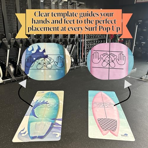 Surf Pop Up Fitness Mat, Ultra lightweight Travel Mat with Surfboard Design, Training tool for Surfers, Hand and Foot Positioning Guides to improve stance, QR code video link with Pop Up tips included on packaging - color: Blue And White
