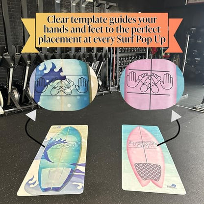 Surf Pop Up Fitness Mat, Ultra lightweight Travel Mat with Surfboard Design, Training tool for Surfers, Hand and Foot Positioning Guides to improve stance, QR code video link with Pop Up tips included on packaging - color: Blue And White
