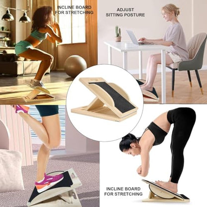 3-in-1 Portable Wooden Slant Board, Balance Board & Resistance Band – 5 Incline Angles –Incline Board – Slant board for exercise, Squats, Physical Therapy – Anti-Slip Surface, Portable, Metal Hook