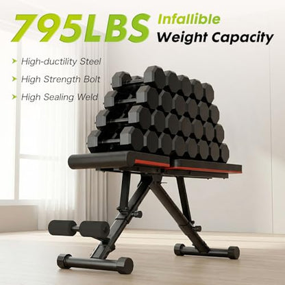 OLIXIS Adjustable Weight Bench for Full Body Strength Training, Foldable Workout Bench with Incline Flat Positions, 795 lbs Capacity Dumbbell Bench for Home Gym, Sit Up, Press, and Ab Exercises