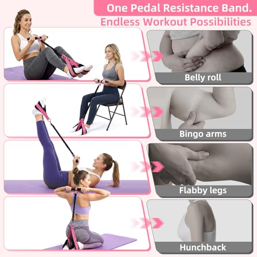 Pedal Resistance Band with Handles and Door Anchor, Detachable Foot Pedal Resistance Band with Stainless Steel Buckles, Multifunction Tension Rope Tummy Trimmer for Full Body Workout Home Gym Women