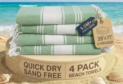 LANE LINEN Large Turkish Towel Set of 4 – Pre-Washed Pool Towels, Extra Large, Quick Dry & Sand Free, Fast Drying Lightweight Travel Towels, 39"x71" – Jade Green - color: 11: Jade Green, size: Pack of 4