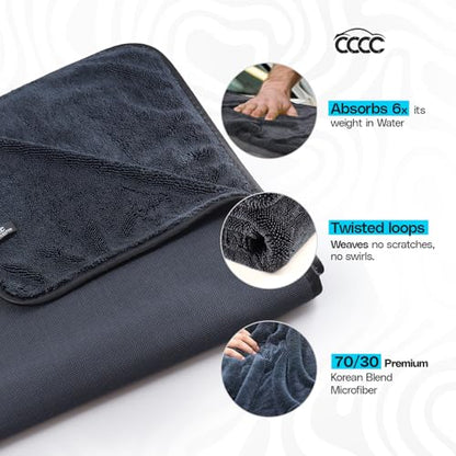 Crystal Clean XL (28x36) Car Drying Towel - 70/30 Korean Blend Car Towel with Double Twisted Loop, Professional Detailing Towel for Car Detailers - Quick Dry, Paint Safe & Swirl-Free