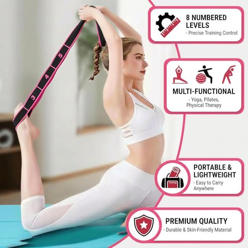 3 Pack Yoga Stretch Strap with Loops, Numbered Resistance Bands for Flexibility, 8-Section Elastic Exercise Bands for Pilates, Dance, Gymnastics & Warm Up (Blue, Purple, Rose Red)