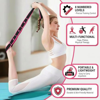 3 Pack Yoga Stretch Strap with Loops, Numbered Resistance Bands for Flexibility, 8-Section Elastic Exercise Bands for Pilates, Dance, Gymnastics & Warm Up (Blue, Purple, Rose Red)