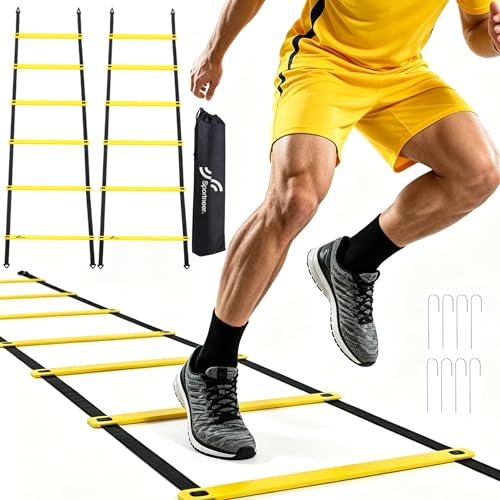 Sportneer Agility Ladder Speed Training Set 12 Rungs 20ft Detachable Exercise Ladders in 2pcs (6 rungs Each) with Ground Stakes for Soccer Football Footwork Training Ladder with Carry Bag - color: Yellow