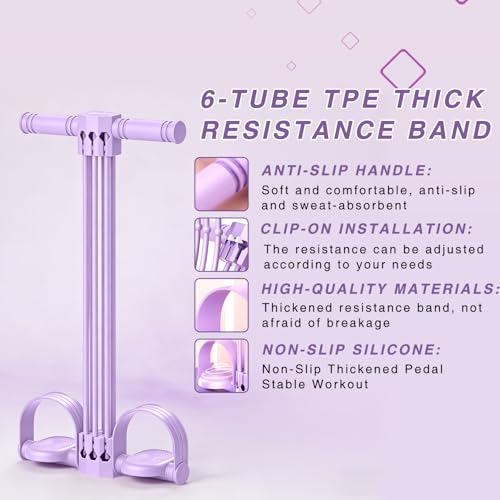 Upgraded Pedal Resistance Bands with Handles, 6-Tube Multifunction Stretching Workout Band for Abdomen Waist Arms Legs Training, Exercise Bands for Women (Purple)