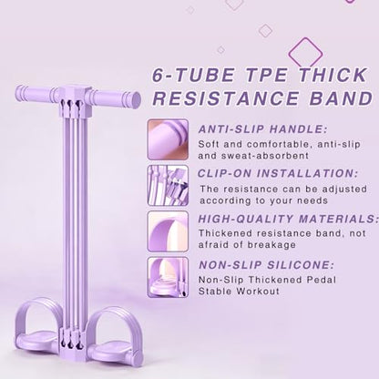 Upgraded Pedal Resistance Bands with Handles, 6-Tube Multifunction Stretching Workout Band for Abdomen Waist Arms Legs Training, Exercise Bands for Women (Purple)