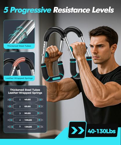 Twister Arm Trainer Chest Workout Equipment for Men & Women, Adjustable 5 Resistance (40-130 lbs) Home Gym Strength Trainer with Anti-Slip Handles & Carry Bag (Blue)