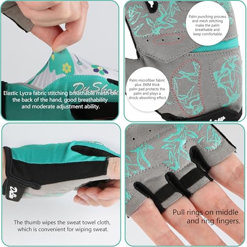 Women Half Finger Cycling Gloves, Pattern Printed with Anti-Slip Shock-Absorbing Pad for Road/Mountain Biking, Gym – Short Fingerless