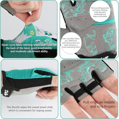 Women Half Finger Cycling Gloves, Pattern Printed with Anti-Slip Shock-Absorbing Pad for Road/Mountain Biking, Gym – Short Fingerless