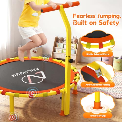 ANCHEER 38'' Kids Trampoline with Adjustable Handle, Indoor Outdoor Safe Rebounder, Heavy-Duty Recreational Trampoline with Safety Bar for Toddlers & Kids Home Play, 150lbs Weights Capacity