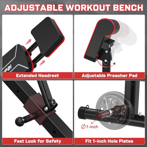 Adjustable Weight Bench - Bench Press for Full Body Workout, Foldable Workout Bench for Home Gym, Strength Training Bench to Incline Decline Flat w/Leg Extension and Pracher Pad (Red)