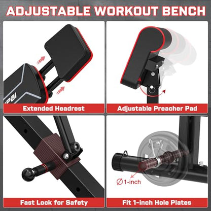 Adjustable Weight Bench - Bench Press for Full Body Workout, Foldable Workout Bench for Home Gym, Strength Training Bench to Incline Decline Flat w/Leg Extension and Pracher Pad (Red)
