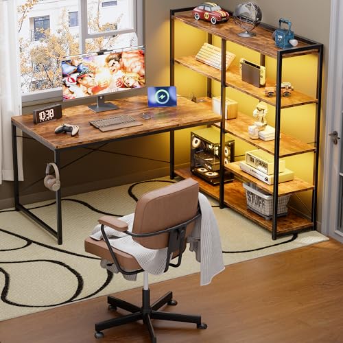 Pamray 49 Inch L Shaped Gaming Computer Desk with Shelves and Storage - color: Vintage