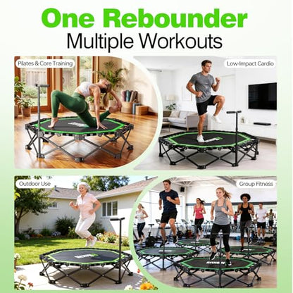 48" Foldable Mini Trampoline, 550lb Capacity Rebounder with Adjustable T-Bar for Adults, Home Gym Fitness Equipment (Black Green)