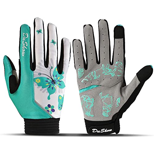 Bike Gloves for Women Cycling,Pink Floral Workout Gloves Women,Full Finger Biking Driving Riding Gloves for Women,Gel Padded Touch Screen Gym Gloves - color: Green Butterfly, size: Large