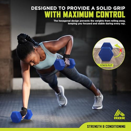 RBX Vinyl Coated Hand Weight Dumbbell Set - Hex Shaped, Roll Free for Body Building/Sculpting/Strength Training Exercise, (Set of 2) - color: Blue, size: 2lb
