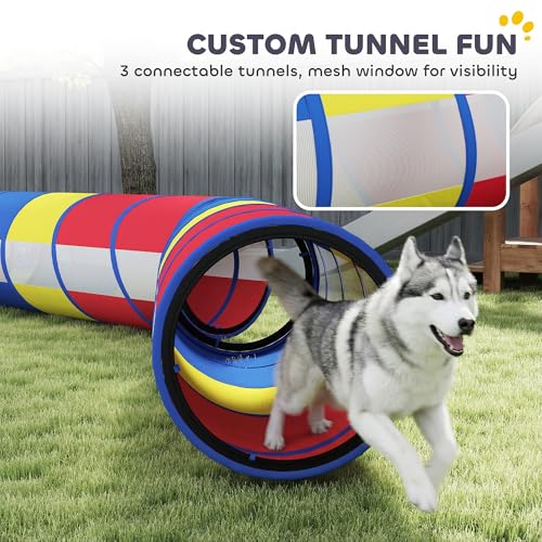 PawHut Dog Agility Training Equipment, 12-Piece Dog Obstacle Course with Adjustable Hurdle & Ring, 4 Tunnels, Weave Poles, Pause Box, Treat Bag, Bowl and Carrying Bag for Indoor Outdoor Use