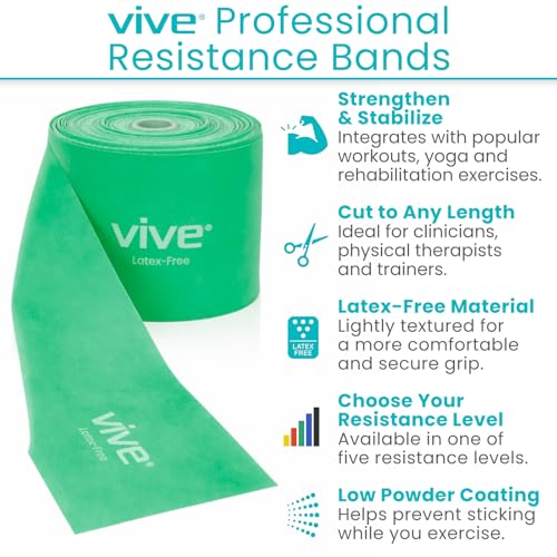 Vive Professional Resistance Bands - 25 Yard Non-Latex Roll for Physical Therapy, Lower and Upper Body Exercise Workout - Straight Elastic for Strength Training, Rehabilitation, Women, Men - color: Green
