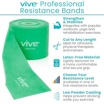 Vive Professional Resistance Bands - 25 Yard Non-Latex Roll for Physical Therapy, Lower and Upper Body Exercise Workout - Straight Elastic for Strength Training, Rehabilitation, Women, Men - color: Green