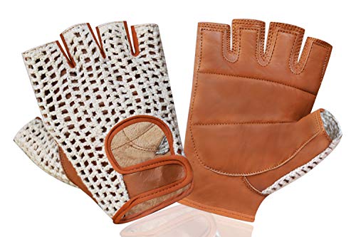 Retro Leather Crochet Cycling Gloves - Classic Tan
