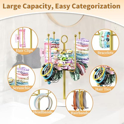 Scrunchie Holder for Desktop, Hair Tie Organizer Wall Mount, Metal Claw Clip Organizer, Headband Storage for Women Hair Accessories Display Stand for Hairbow, Bracelets, Ropes Ties (Gold)