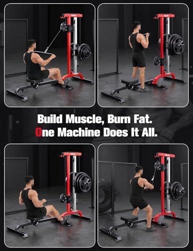 YOLEO 2-in-1 Adjustable Rowing Cable Machine & LAT Pulldown Station for Home Gym, Foldable Space Saver with 6 Attachments, Supports 450 Lbs Weight Plates
