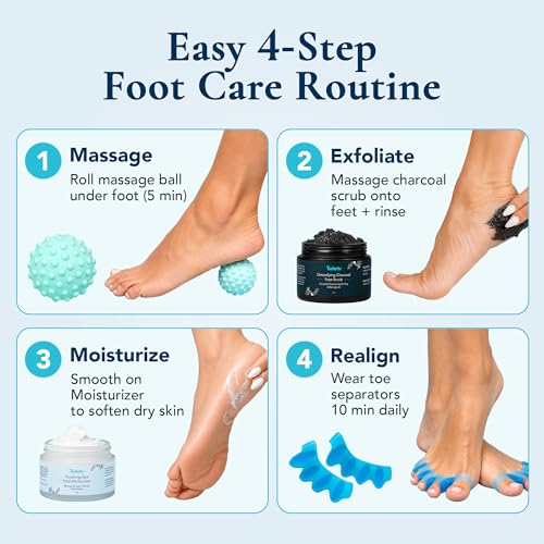 Tucketts Foot Spa Kit for Women - More than a Pedicure Kit with Foot Massage Ball, Toe Separators for Bunions, Charcoal Foot Scrub, Shea Butter Moisturizer for Dry Feet, Self Care Gifts for Women