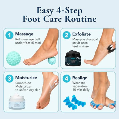 Tucketts Foot Spa Kit for Women - More than a Pedicure Kit with Foot Massage Ball, Toe Separators for Bunions, Charcoal Foot Scrub, Shea Butter Moisturizer for Dry Feet, Self Care Gifts for Women