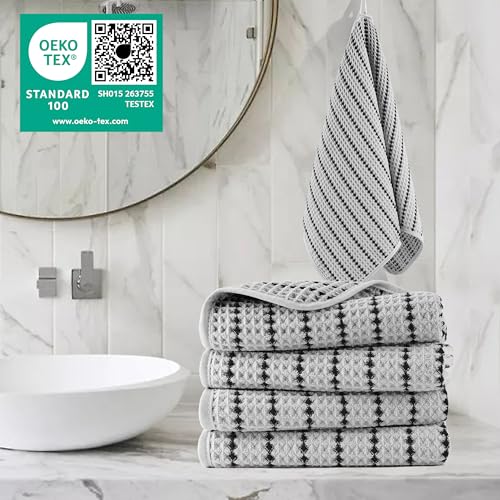 POLYTE 430 GSM Poly Blend Microfiber Quick Dry Waffle Hand Towel, 16x30 in - color: Light Gray/Black