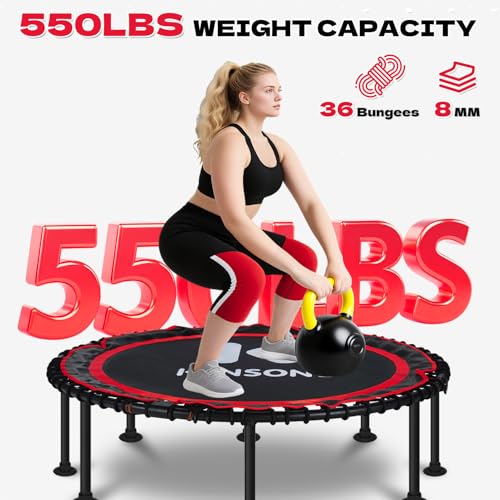 40/48" Foldable Rebounder Trampoline for Adults with Bungee, 450/550 LBS Quiet Indoor Mini Trampoline for Adults Fitness, Gym Workout, Home Exercise