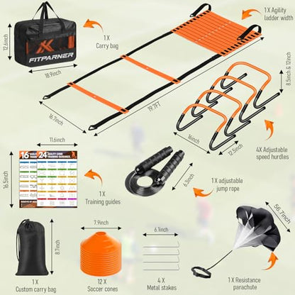 Agility Ladder, Soccer Football Training Equipment Set - 20ft Speed Ladder, 4 Hurdles,Parachute, 12 Cones & Jump Rope | Agility & Speed Training for Kids Youth Adults,Basketball & Football Accessories